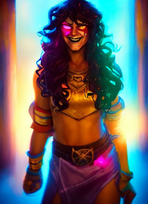 Image similar to an epic fantasy comic book style portrait painting of a girl wearing colorful makeup with a mischievous smile and curly brown hair stepping out of a doorway with light shining behind her, unreal 5, daz, hyperrealistic, octane render, cosplay, rpg portrait, dynamic lighting