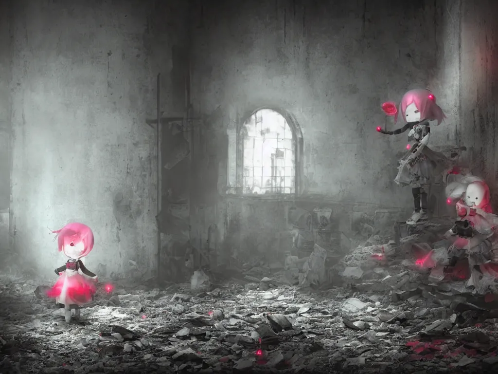 Image similar to cute fumo plush girl ghosts playing in a mysterious concrete wartorn brutalist ruin, ominous bright red lights, chibi gothic maiden in tattered rags, dramatic three point lighting, glowing wisps of hazy smoke and volumetric fog swirling about, vray