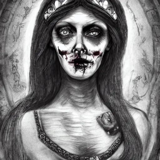 Image similar to in the tomb of empress sissi, vienna, austria, beautiful woman, zombie, pen and ink, 8 k, hyperrealistic, hyperdetailled, beautiful face, dark fantasy