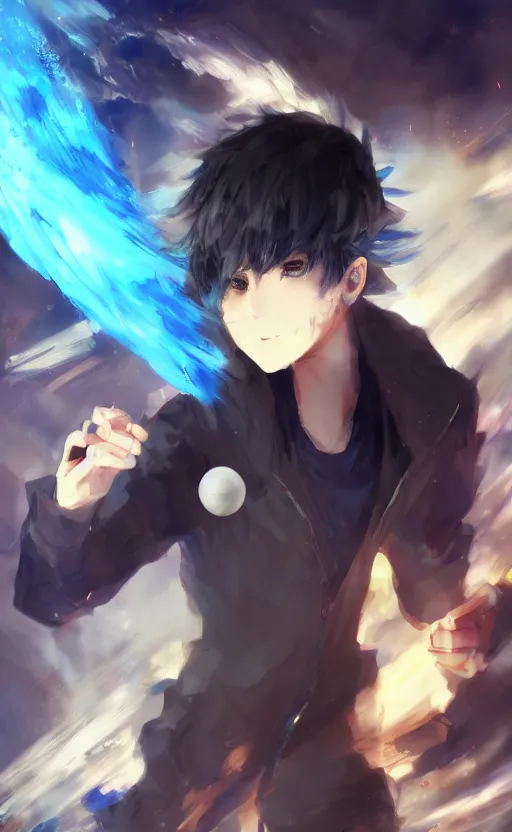 Image similar to anime boy with messy blue hair wearing black long jacket holding an energy ball, WLOP, concept art, digital painting, trending on artstation, highly detailed, epic composition, 8k UHD