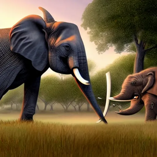 Image similar to a cartoon of an elephant chasing a rhino on african plains, tron