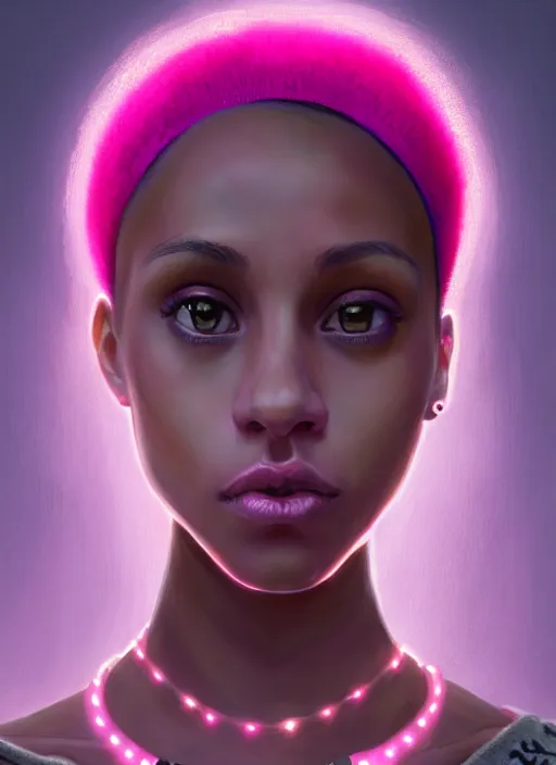 Image similar to portrait of teenage vanessa morgan with bright pink hair, black girl, curly pixie cut hair, wearing a purple breton cap, breton cap, hoop earrings, intricate, elegant, glowing lights, highly detailed, digital painting, artstation, concept art, smooth, sharp focus, illustration, art by wlop, mars ravelo and greg rutkowski