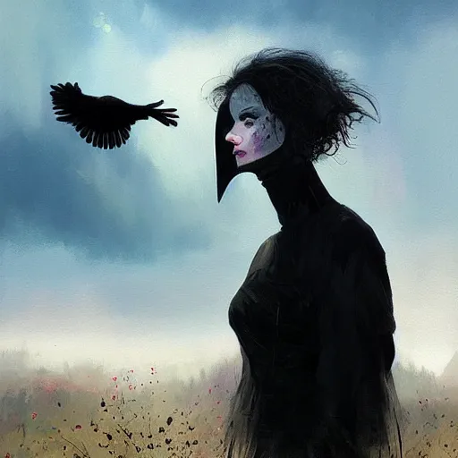 Image similar to morning, a woman in a black dress with a raven head. no face. sun, cinematic, clouds, vogue cover style, contracting colors mood, realistic painting, intricate oil painting, high detail, figurative art, poster art, by simon bisley, ismail inceoglu, wadim kashin, filip hodas. pixar theme.