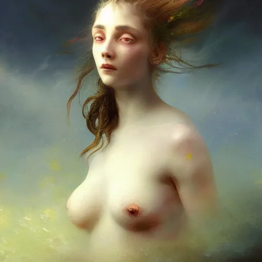 Image similar to three-quarters portrait with papery flaking skin, piercing multi-colored eyes, and under water flowing hair, dreams of the fae; painted in oil on canvas; surrealism by Aleksi Briclot and Ivan Aivazovsky