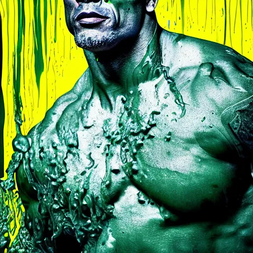 Image similar to a portrait dwayne johnson covered in slime as he waked up in the morning, digital photography, highly detailed