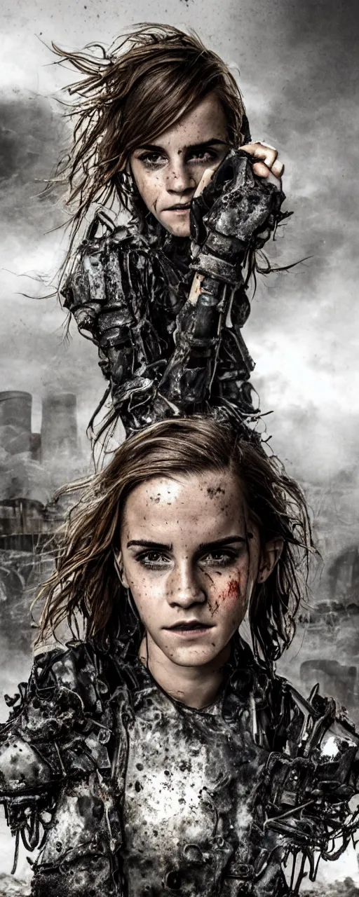 Image similar to photorealistic Emma Watson closeup angry tired fighting yelling warface fractal mecha spinal chord fractal armour twin sisters action poses dishevelled photorealistic portrait grimy sweating bloody oily wet face dirty t-shirt and torn jeans in broken biomechanical fractal armour abandoned exploding sci-fi abandoned coal power station being reclaimed by the jungle, cinematic lighting, dark and dim atmospheric smog trending on artstation 8k matte painting, dramatic lighting, dramatic shadows professional photograph by beautiful detailed intricate insanely detailed octane render, 8k artistic photography, photorealistic, chiaroscuro, by David Cronenberg, Raphael, Caravaggio and Greg Rutkowski