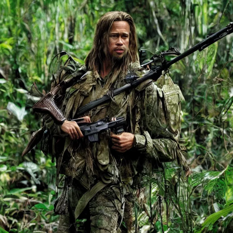 Prompt: brad pitt in the movie predator with rifle in the jungle, photo - realism, realism, predator, jungle camo