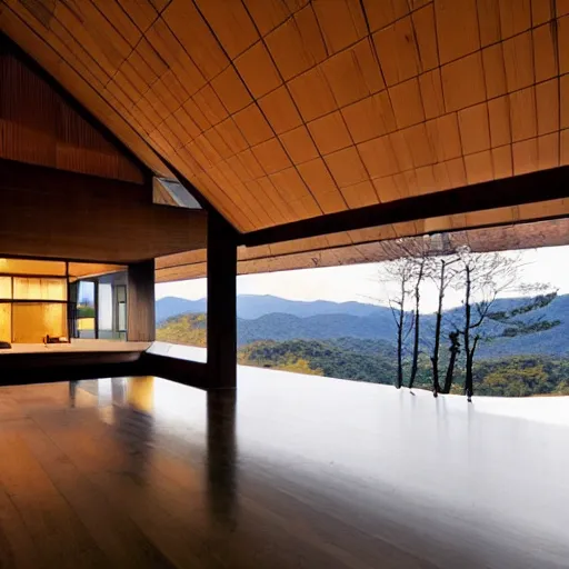 Prompt: “extravagant luxury mountain home, in Karuizawa, by Tadao Ando, modern rustic, at dusk, luxury lighting”