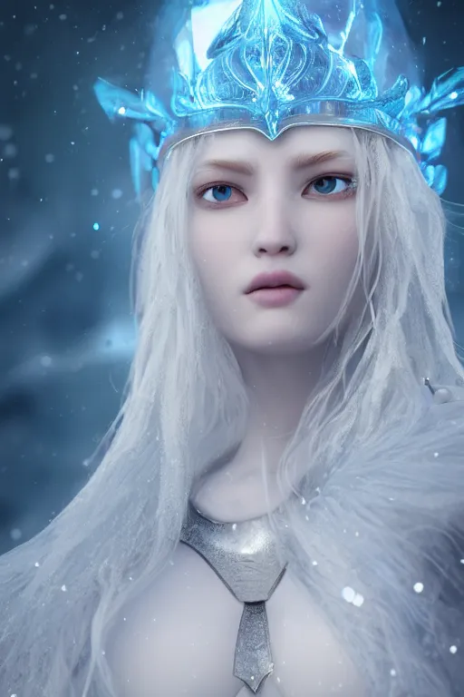 Prompt: ice goddess with beautiful face with a glowing blue crystal on her forehead, frosty white eyes, winter mist around her, white plated armor, pale skin, white smoke ， photorealism, octane render, frostbite, 8 k, cinematic, 3 5 mm, aspect ratio