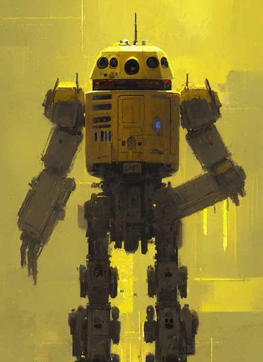 Image similar to tall strong intricate yellow pit droid, painterly mecha, by Greg Rutkowski