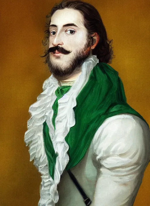 Prompt: a french baron at 3 0 years old, long hair, wear an elegant mustach, white scarf, green shirt, by artgem, digital art, highly detailled