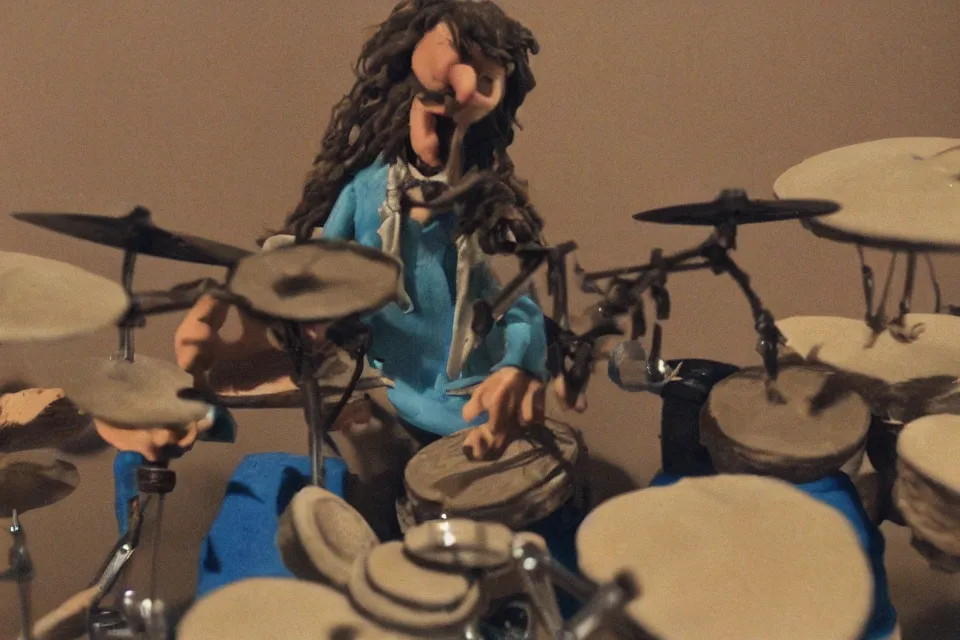 Image similar to a claymation film still of a curly long hair drummer playing the drum set. claymation by bruce bickford