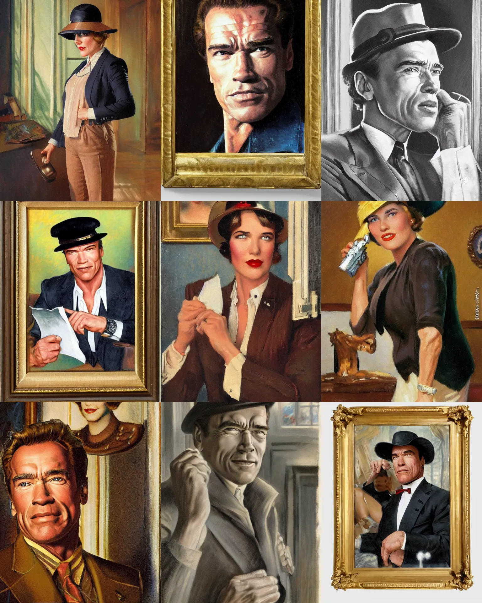 Prompt: Arnold Schwarzenegger as Female investigator in flat with wainscoting, wearing hat, 1920s, portrait by Thomas Kinkade