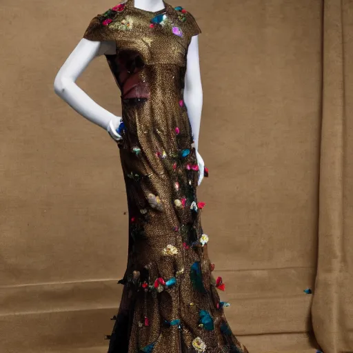 Image similar to exclusive evening dress made of bronze transparent fabric fantasy with colored flower petals made of fabric. intricate asymmetrical patterns. an elegant hat. hyperrealistic photos, clear details.