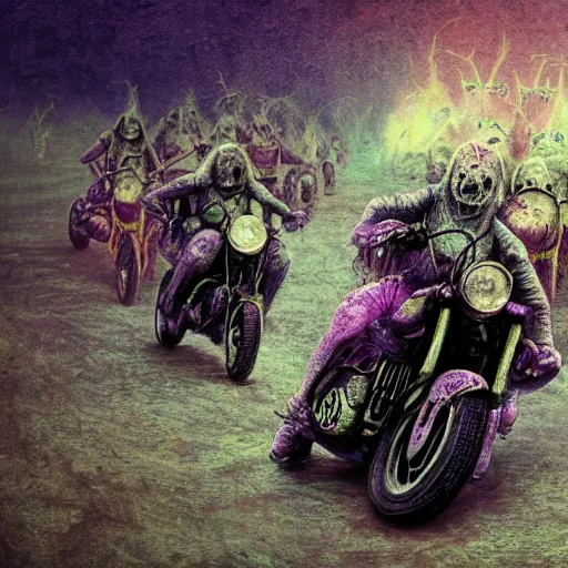 Prompt: motorbikers race in hell, horror art, purple and green hour, by beksinski, szukalski, giger, pyromallis, dzo, iris compiet, seb mckinnon, digital art, highly detailed, intricate, sharp focus, trending on artstation hq, deviantart, pinterest, unreal engine 5, 4 k uhd image