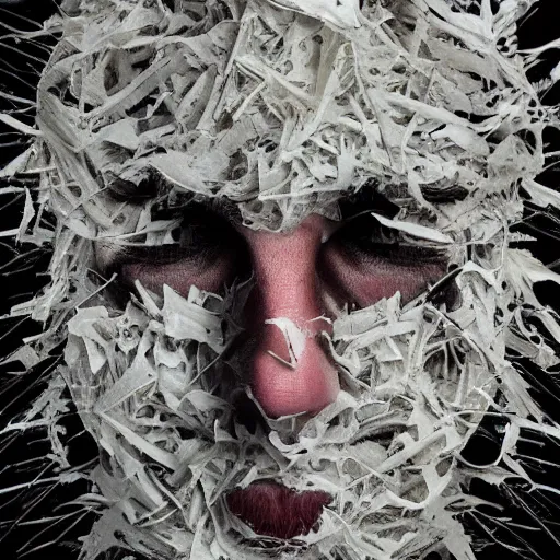 Prompt: man face shredded like paper peeling, dark, surreal, illustration, by ally burke