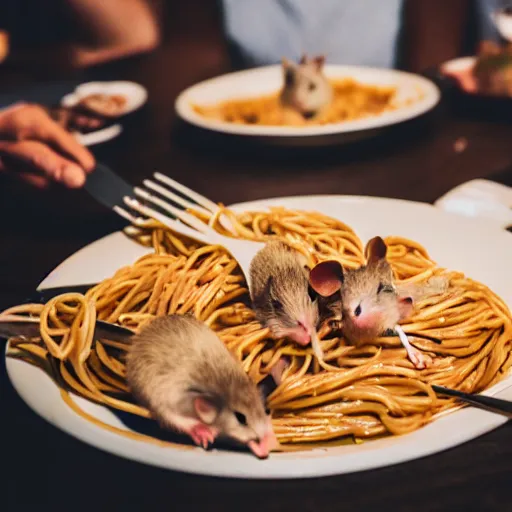 Prompt: a group of mice stealing spaghetti from a man at a restaurant, close up, dslr