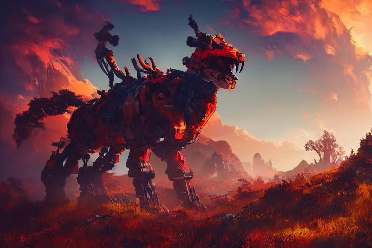 Image similar to fireclaw machine mecanical creature robot of horizon forbidden west horizon zero dawn bioluminiscence global illumination ray tracing hdr fanart arstation by ian pesty and alena aenami artworks in 4 k