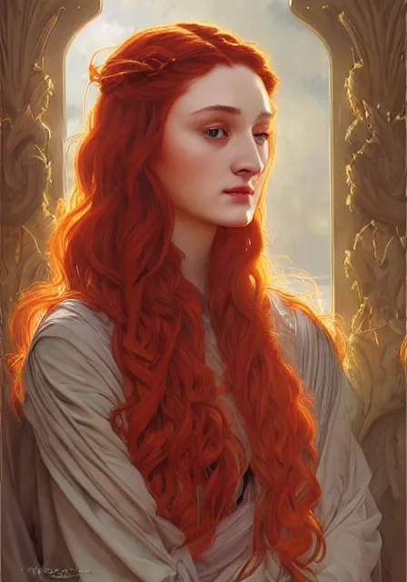Prompt: portrait of sansa stark with red long hair, intricate, elegant, highly detailed, digital painting, artstation, concept art, smooth, sharp focus, illustration, art by artgerm and greg rutkowski and alphonse mucha and william - adolphe bouguereau