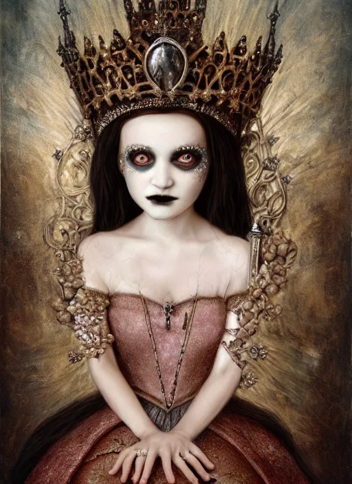 Image similar to highly detailed closeup portrait of a goth medieval princess wearing a crown and sitting on a throne, nicoletta ceccoli, mark ryden, lostfish, global illumination, god rays, detailed and intricate environment