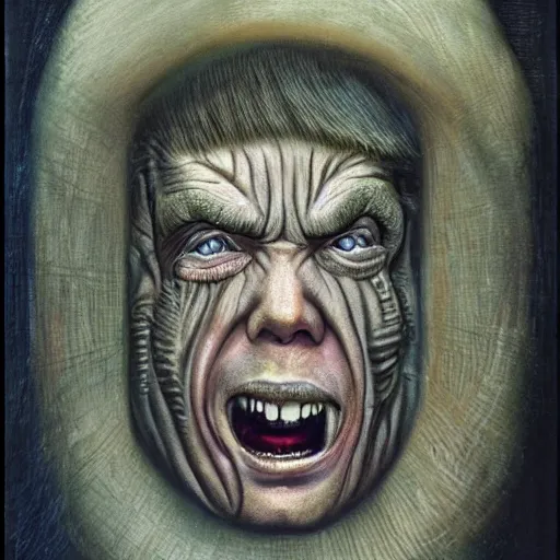 Image similar to Portrait by H.R.Giger of Donald Trump degenerated abomination, photo-realistic, 2K, highly detailed