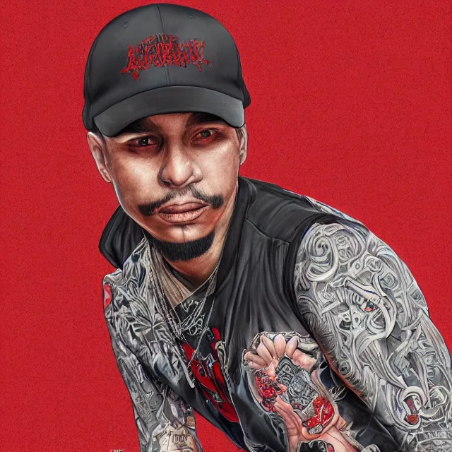 Image similar to the portrait of a los angeles blood's gang member wearing a red baseball cap, an ultrafine hyperdetailed illustration by kim jung gi, irakli nadar, intricate linework, bright colors, final fantasy, unreal engine 5 highly rendered, global illumination, radiant light, detailed and intricate environment