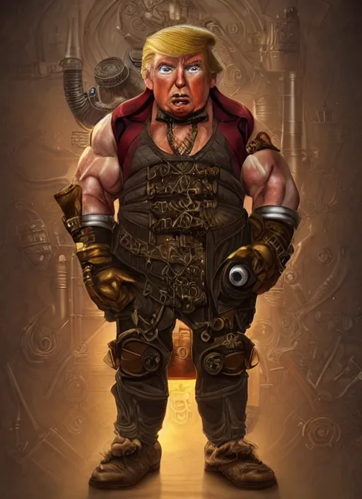 Image similar to steampunk dwarf donald trump is a muscular bodybuilder, au naturel, hyper detailed, digital art, trending in artstation, cinematic lighting, studio quality, smooth render, unreal engine 5 rendered, octane rendered, art style by klimt and nixeu and ian sprigger and wlop and krenz cushart.