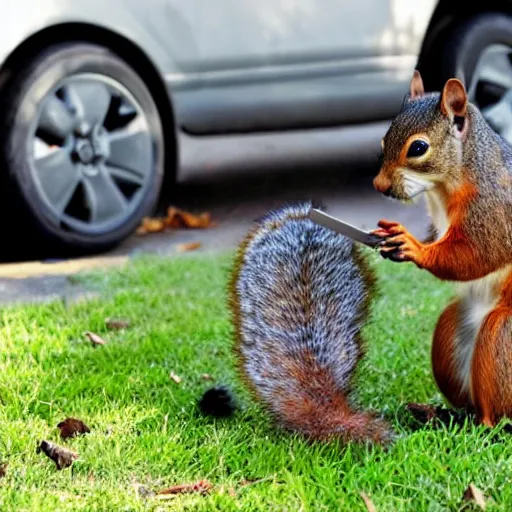 Image similar to a dog-cop ticketing a squirrel with a fine for speeding