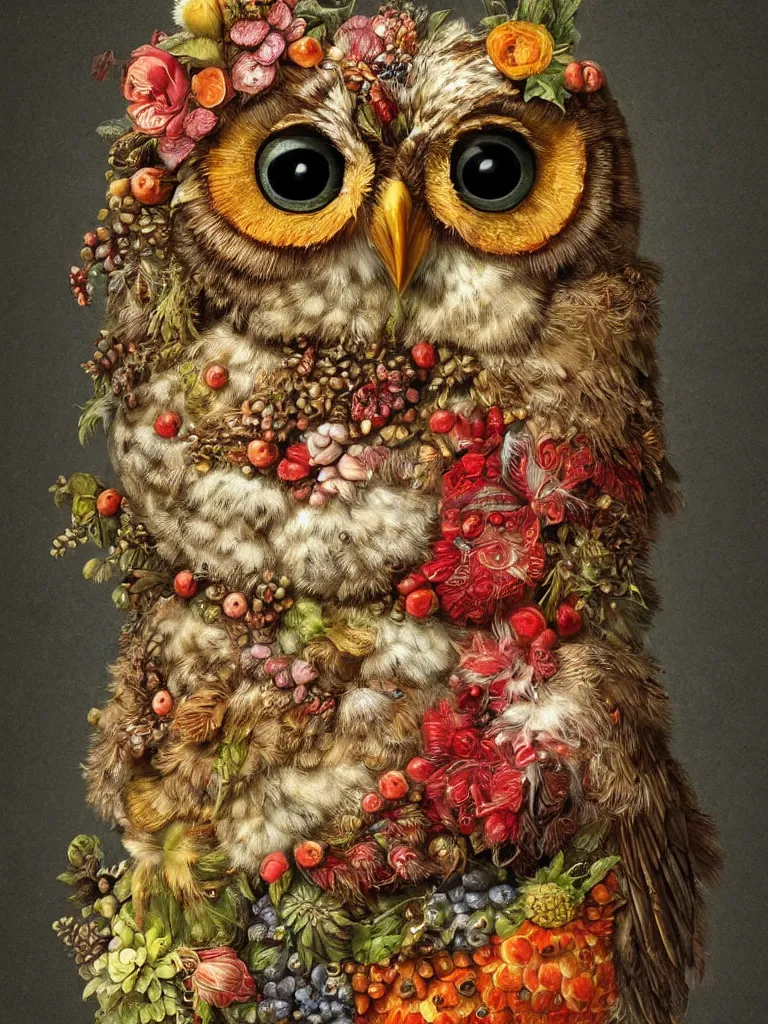 Image similar to Highly detailed cute owl in the style of Guiseppe Arcimboldo, sharp, masterpiece, artstation