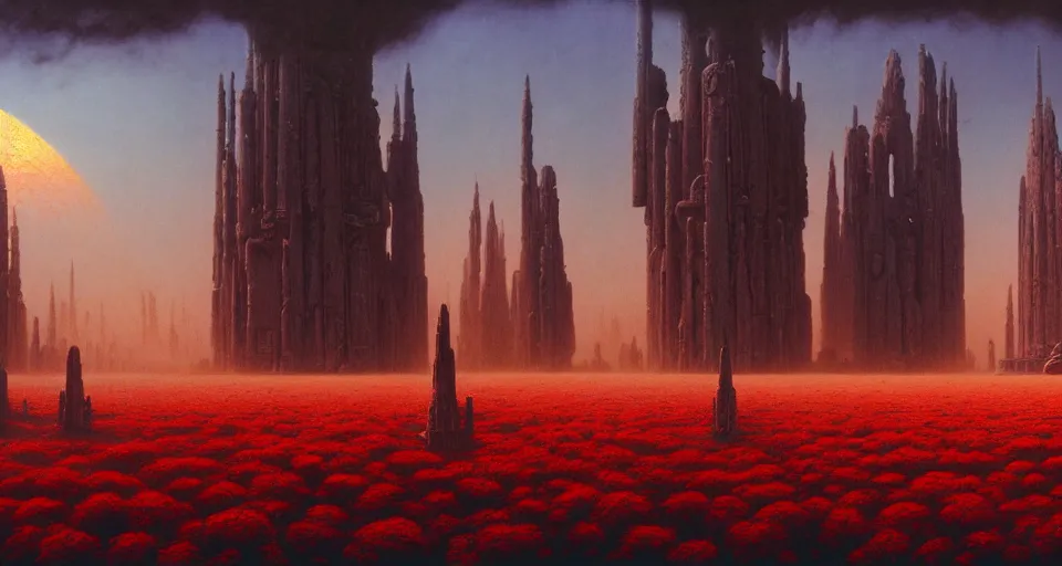 Prompt: a cinematic view ofnokron, eternal city, elden ring, harold newton, zdzislaw beksinski, donato giancola, warm coloured, gigantic pillars and flowers, maschinen krieger, beeple, star trek, star wars, ilm, atmospheric perspective