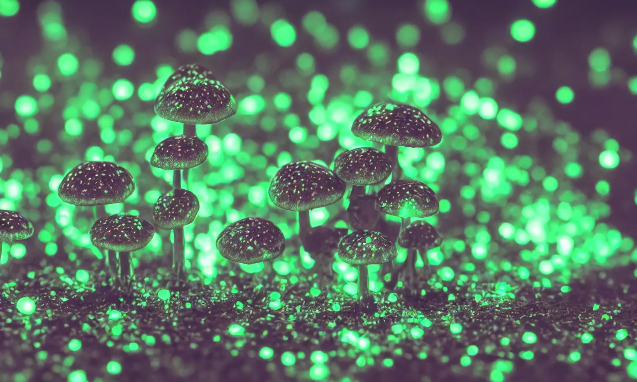 Image similar to a macro shot of bioluminescent mushrooms, dof, 4k, bokeh, acid pixie