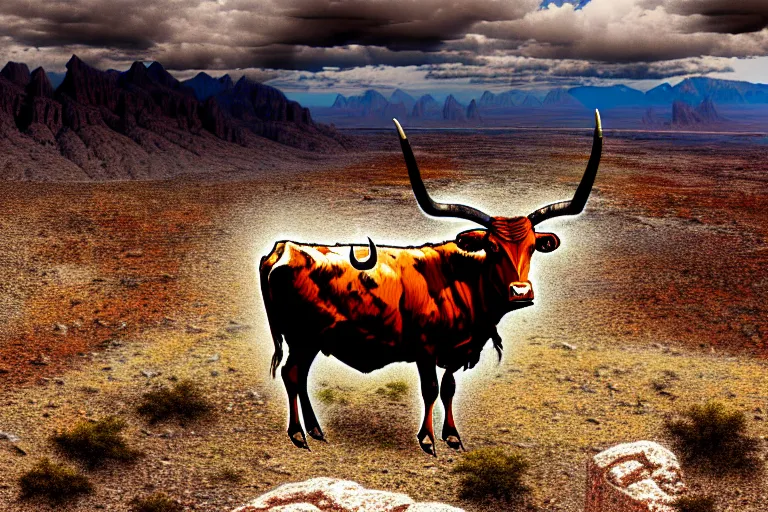 Prompt: a sketch of a longhorn steer on a high bluff in big bend, key visual, extremely moody, highly detailed, digital painting, sharp focus, illustration, unreal engine