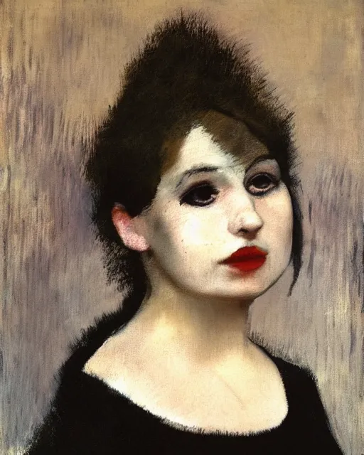 Image similar to A goth portrait painted by Edgar Degas. Her hair is dark brown and cut into a short, messy pixie cut. She has a slightly rounded face, with a pointed chin, large entirely-black eyes, and a small nose. She is wearing a black tank top, a black leather jacket, a black knee-length skirt, a black choker, and black leather boots.