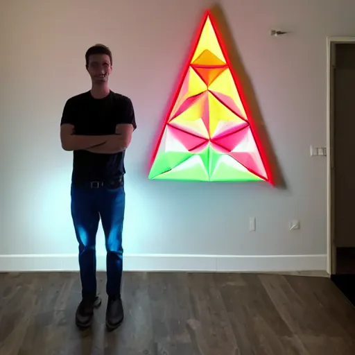 Image similar to a daytrader named jay standing proudly in front of triangular nanoleaf led lights on his wall