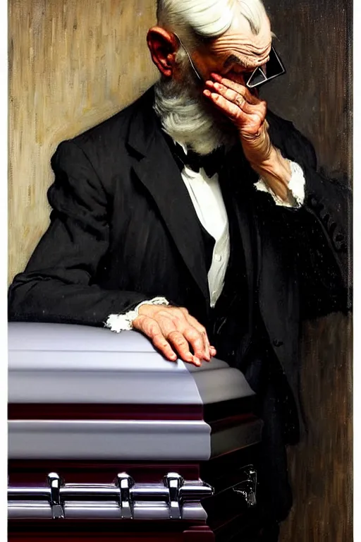 Prompt: a sad man mourning over a casket by alfred stevens and sherree valentine daines and sydney prior hall and norman rockwell, casket, grey suit, highly detailed, deep shadows, accurate face, smooth blending, hyperrealism, dim lighting, candle, victorian, accurate fingers, crisp details, old man