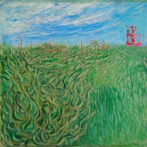 Image similar to offshore oil rig made by pine needles, overtaken by vines and flowers on the coast, expressive oil painting in the style of edvart munch and claude monet, green and lilac and gold color scheme