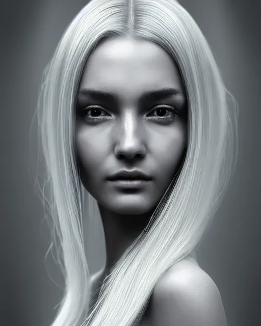 Image similar to a bw photorealistic portrait of a beautiful female translucent bio mechanical vegetal goddess with long silver hair, dreamy, elegant photorealistic, cinematic, octane render,