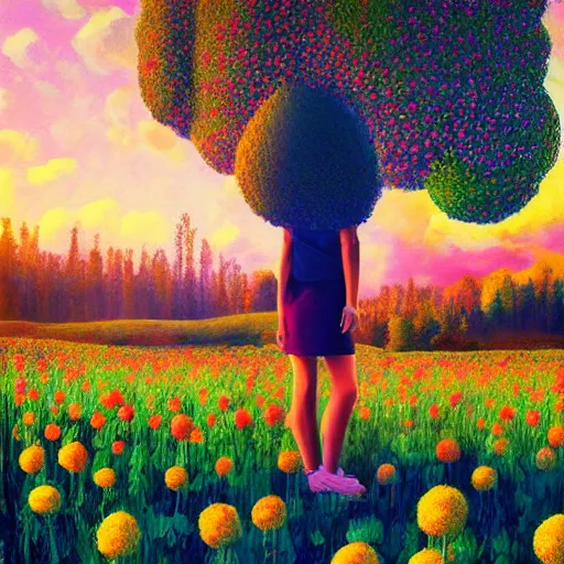 Prompt: giant flower head, girl standing in flower field, surreal photography, big trees, sunrise dramatic light, impressionist painting, colorful clouds, digital painting, pointillism, artstation, simon stalenhag