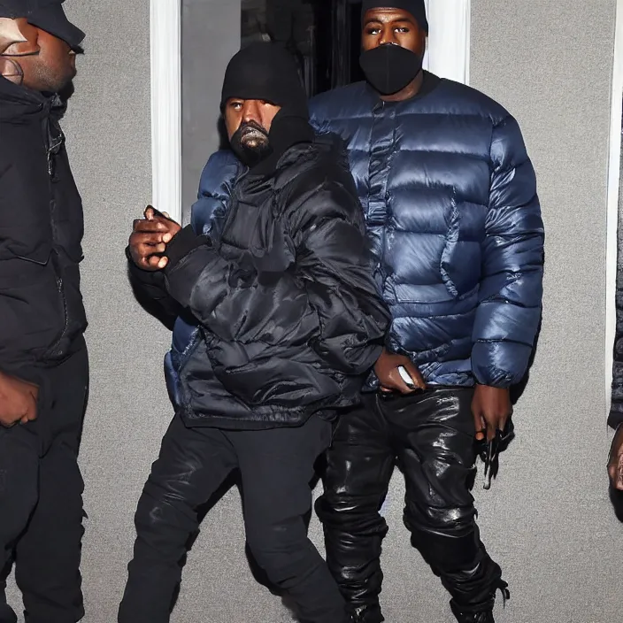 Image similar to kanye west using a full face covering black mask, a small, tight, child size reflective bright blue round puffer jacket made of nylon and big black balenciaga rubber boots,