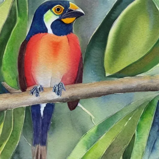 Prompt: A realistic watercolour painting of a Trogon in a wild avocado tree, fine detail, washed out background