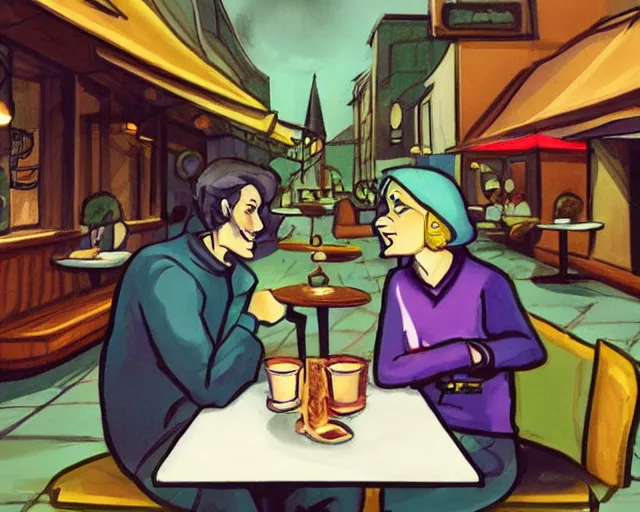 Prompt: a couple of people sitting at a table outside of a restaurant, concept art by hanna - barbera, deviantart contest winner, magic realism, 2 d game art, wiccan, official art