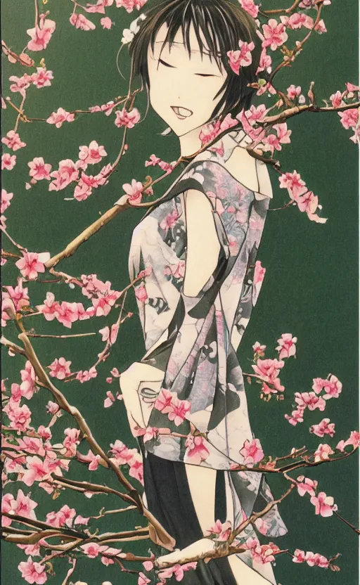 Prompt: by akio watanabe, manga art, realistic anatomy, a girl and blossoming blackthorn branch, trading card front, kimono, sun in the background