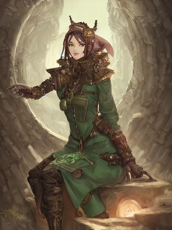 Prompt: portrait of a steampunk geomancer in the stone palace, female, gorgeous, tech robes, cloak, dark skin, green eyes, elf, sitting on bent knees, high fantasy, detailed face, highly detailed, digital illustration, by rossdraws
