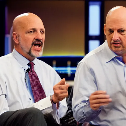 Image similar to Jim Cramer with broken clocks for eyes