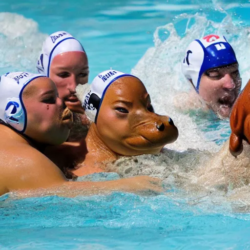 Image similar to a water polo players riding a hippopotamuses. photograph.