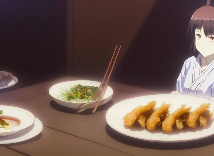 Image similar to a film still portrait of a plate with japanese food tempura, finely detailed features, closeup at the food, perfect art, at a dinner table, gapmoe yandere grimdark, trending on pixiv fanbox, painted by greg rutkowski makoto shinkai takashi takeuchi studio ghibli, akihiko yoshida