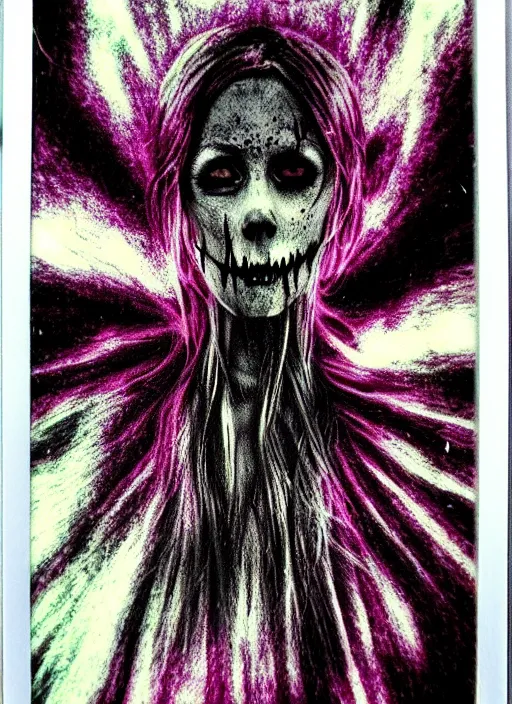 Prompt: gothic soul - spirit with galaxy dead eyes, random decor of necro blast, psycho colors veins, realistic flavor, twisted sorrow fade soft, polaroid 1 6