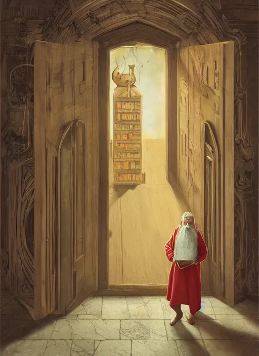 Image similar to an old wizard in robes holding a book standing in front of an elaborate ancient wooden door, beautiful colourful fantasy rendering, Agnolo Bronzino, Simon Stälenhag, ilm, beeple, N.C. Wyeth