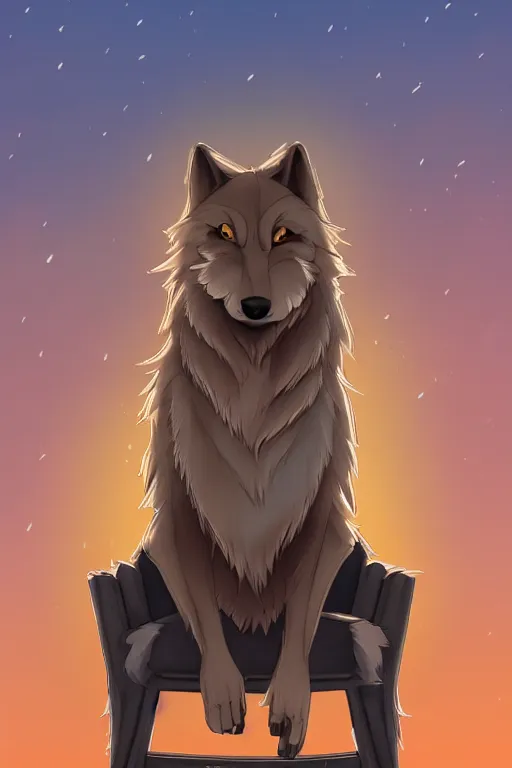 Prompt: anthropomorphic wolf fursona sitting in a chair at home lit by the sunset, furry art, trending on artstation, digital art, kawacy, trending on furaffinity