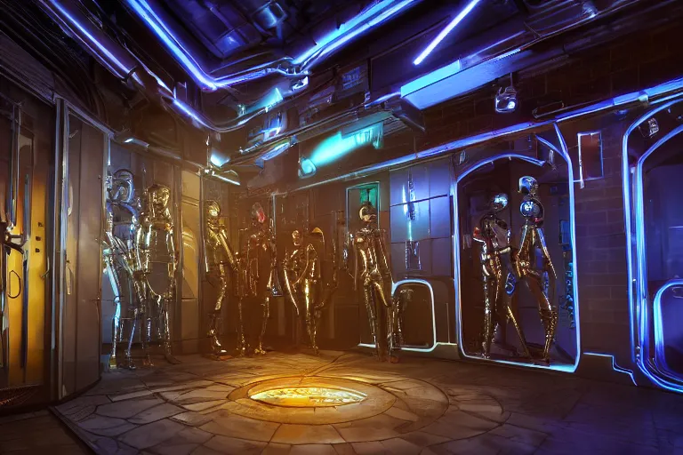 Prompt: backdoor entrance to a futuristic nightclub, on the floor sits a sad golden and blue metal humanoid steampunk robots wearing and gears and tubes, eyes are glowing red lightbulbs, shiny crisp finish, 3 d render, 8 k, insaneley detailed, fluorescent colors, background is back yard of a nightclub, nightlight